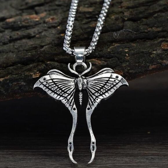 Jewelry - Gothic Lunar Moth Silver Tone Pendant Necklace with Chain engraved details